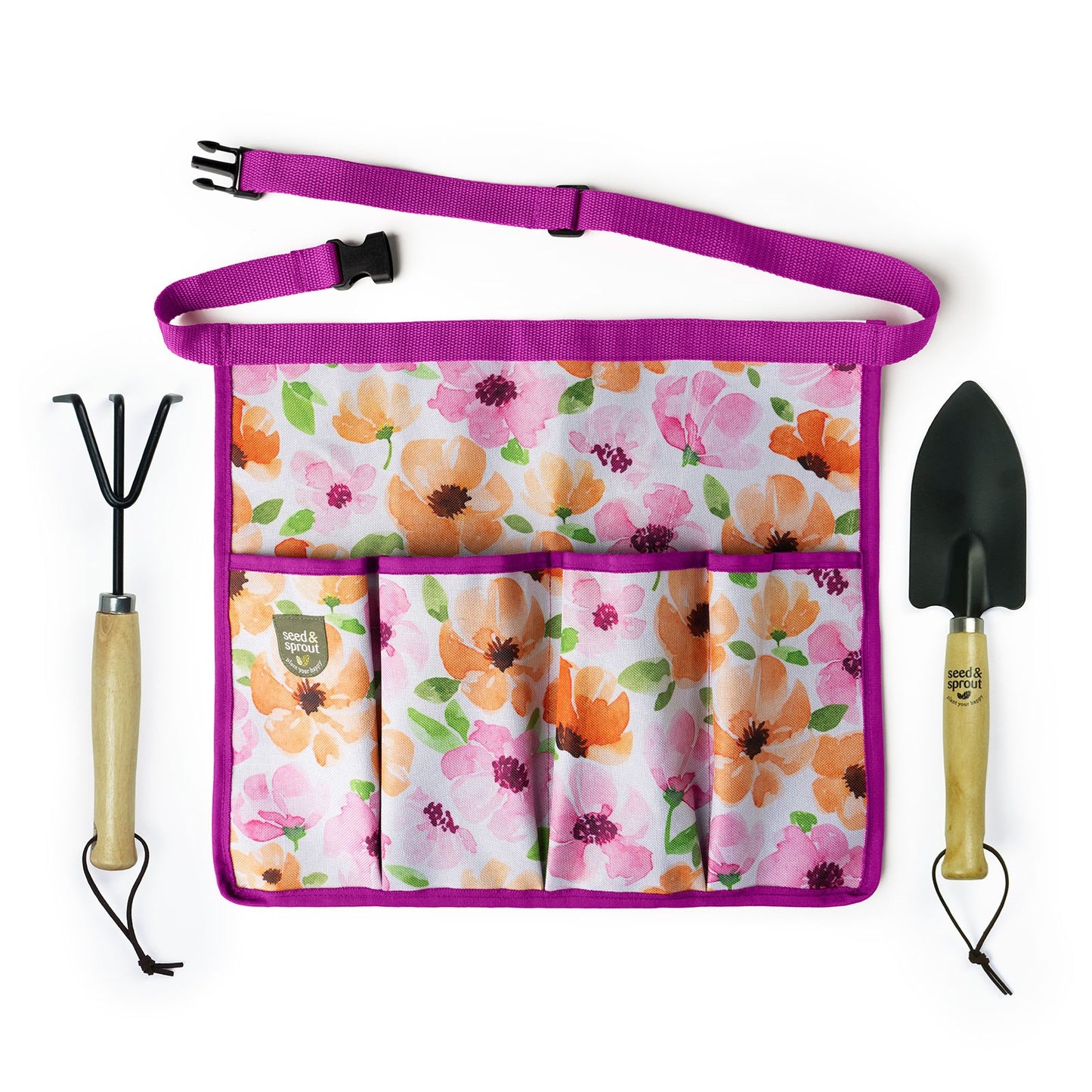 orange and pink floral half apron with bright pink trim and a hand shovel and rake set on each side.
