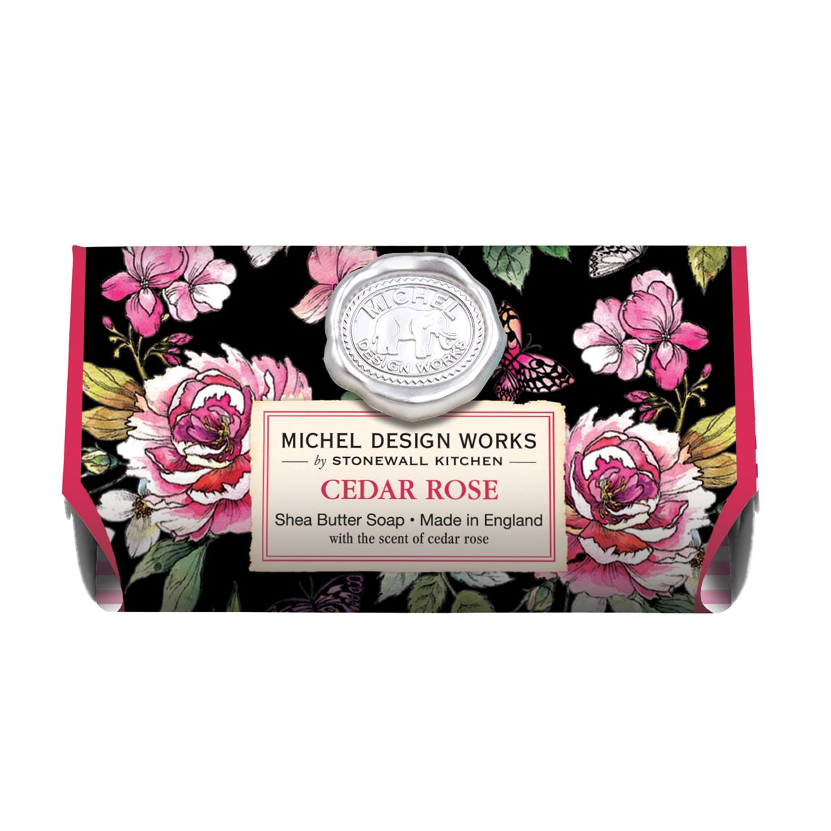 cedar rose shea butter bath soap bar in the black with pink flowers all over on a white background