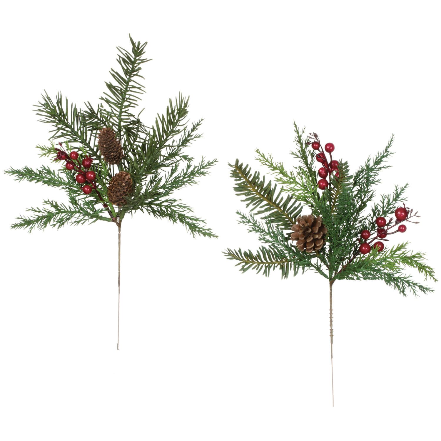 artificial evergreen stems with red berries and pine cones.