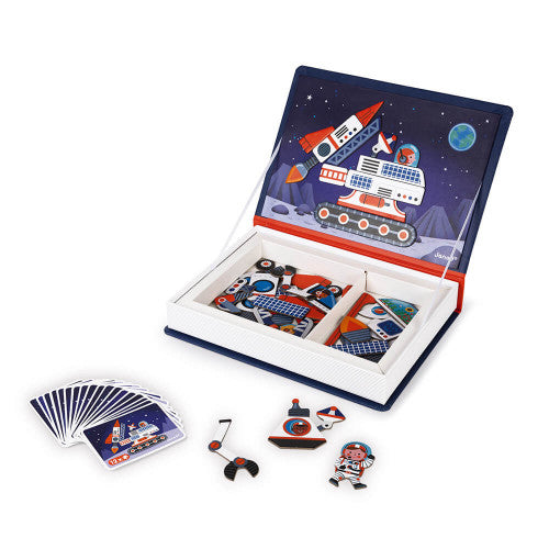 space book open to show magnetic pieces to form pictures on a magnetic board