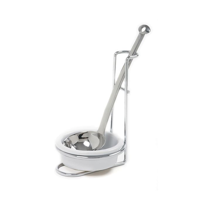 stainless steel frame with white ceramic bowl handing ladle upright.