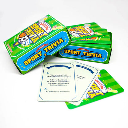 the sport trivia package and trivia cards displayed on a white background