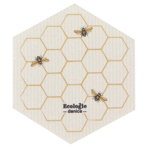 hexagon shaped swedish dishcloth with bees and honeycomb graphic.