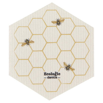 hexagon shaped swedish dishcloth with bees and honeycomb graphic.