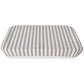 baking dish cover with oof-white background and dark grey stripes.