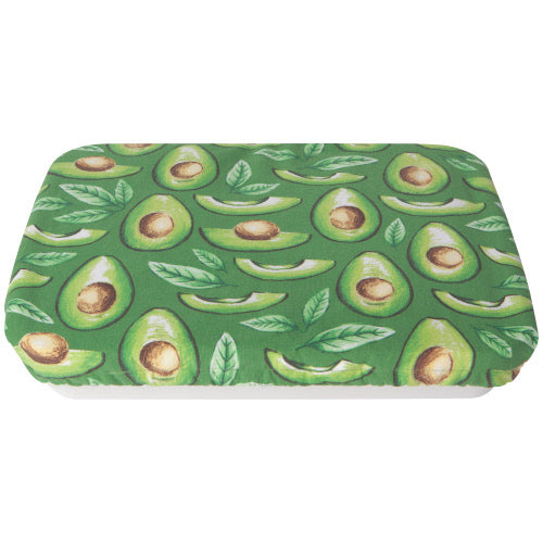 baking dish cover with a green background covered with slice avocado and leaf graphics.