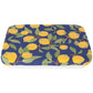 baking dish cover with blue background and lemon and leaf design.