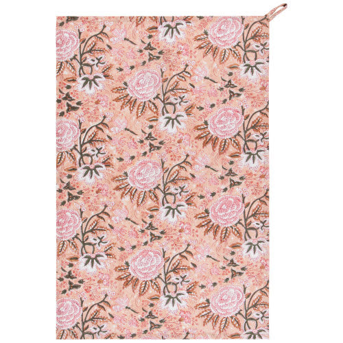 dish towel with pink background and floral design.