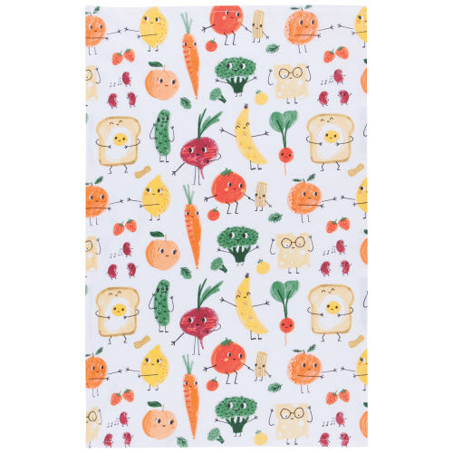 white dishtowel with overall pattern of fruit and veggies with smiling faces.