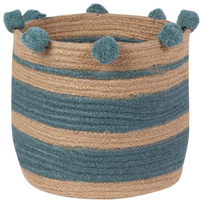 jute basket with teal stripes and teal poms along the top rim.