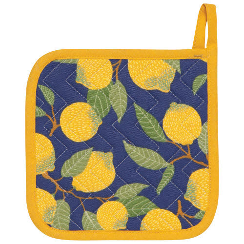 navy pot holder with lemon print and yellow piping.