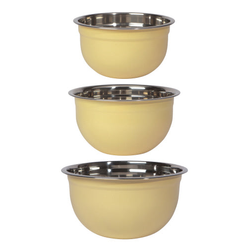 small, medium, and large stainless steel mixing bowls with yellow exterior.