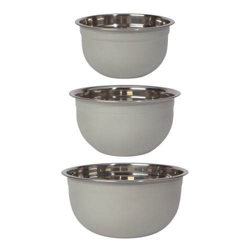 small, medium, and large stainless steel mixing bowls with grey exterior.