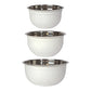 small, medium, and large stainless steel mixing bowls with white exterior.
