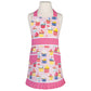 mannequin wearing child's apron with pink background and bottom ruffle and assorted colorful cupcakes printed on it.