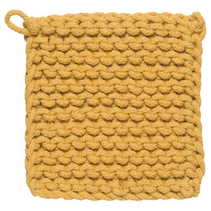ocher knit potholder on a white background.