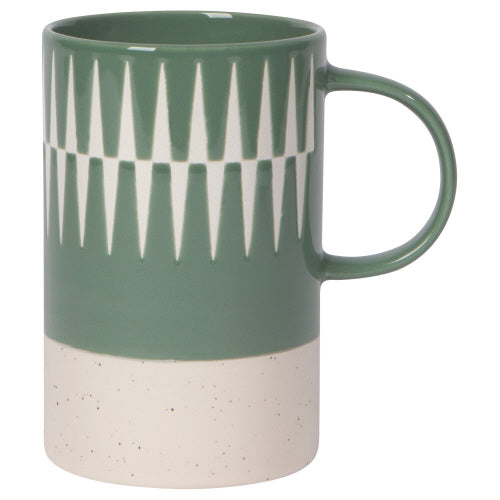 jade green mug with exposed terracotta base and diamond pattern.