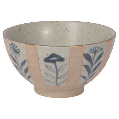 small off-white bowl with blush stripes and blue florals.