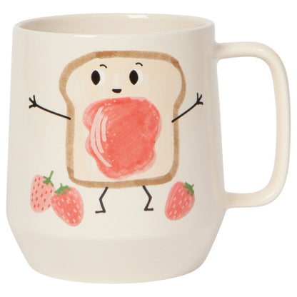 off-white mug with a piece of bread with face, arms, and jelly on it.