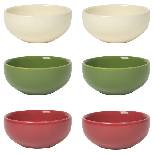 2 cream, 2 green, 2 red holiday pinch bowls displayed on a white background