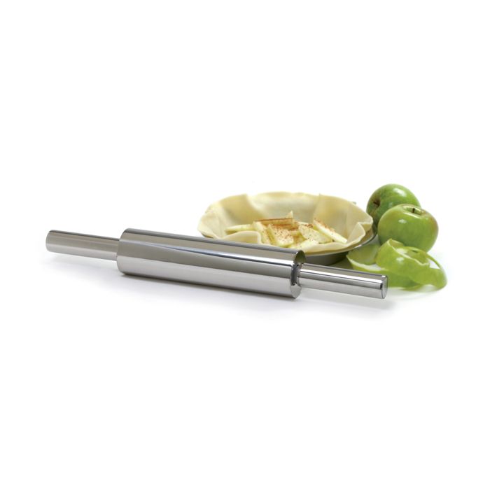 Stainless Steel Rolling Pin set next to pie crust in pan with apples.