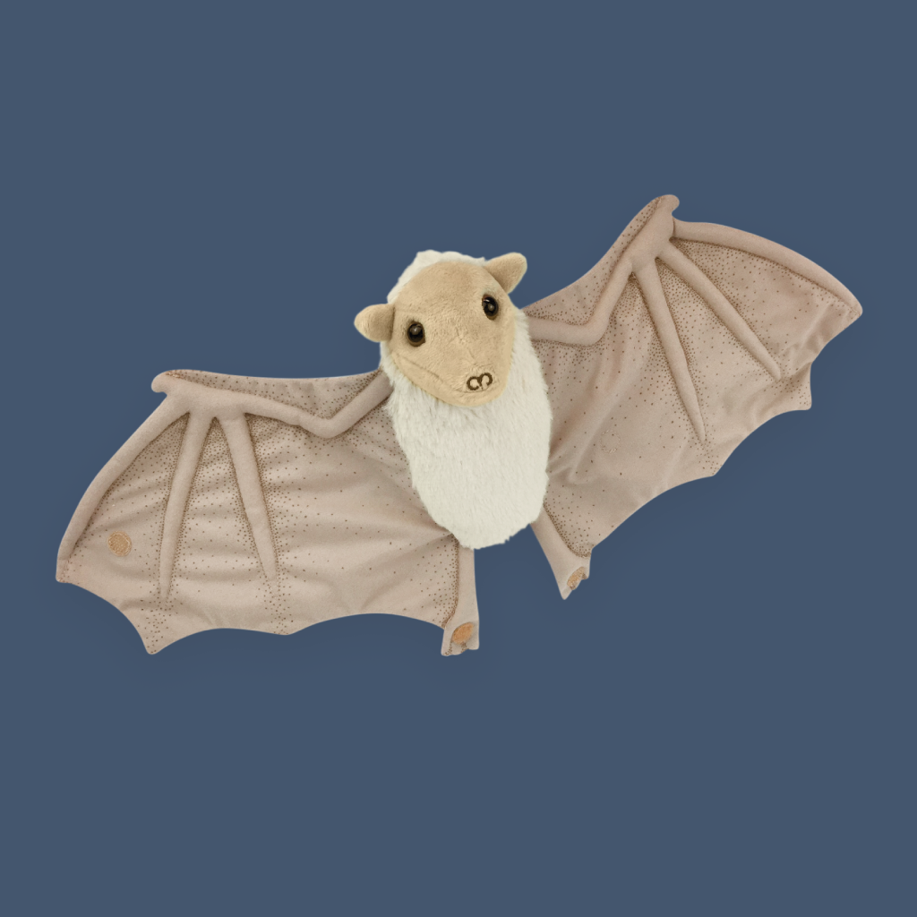 front view of stellaluna bat plushie on a blue background with wings open
