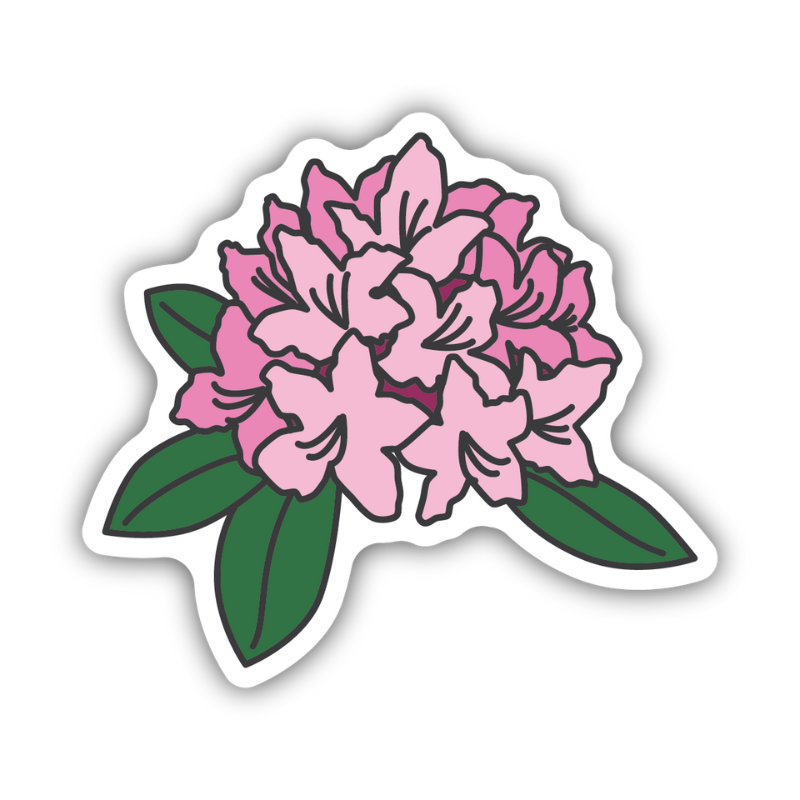 sticker on white background. sticker has graphic of pink flower with leaves.
