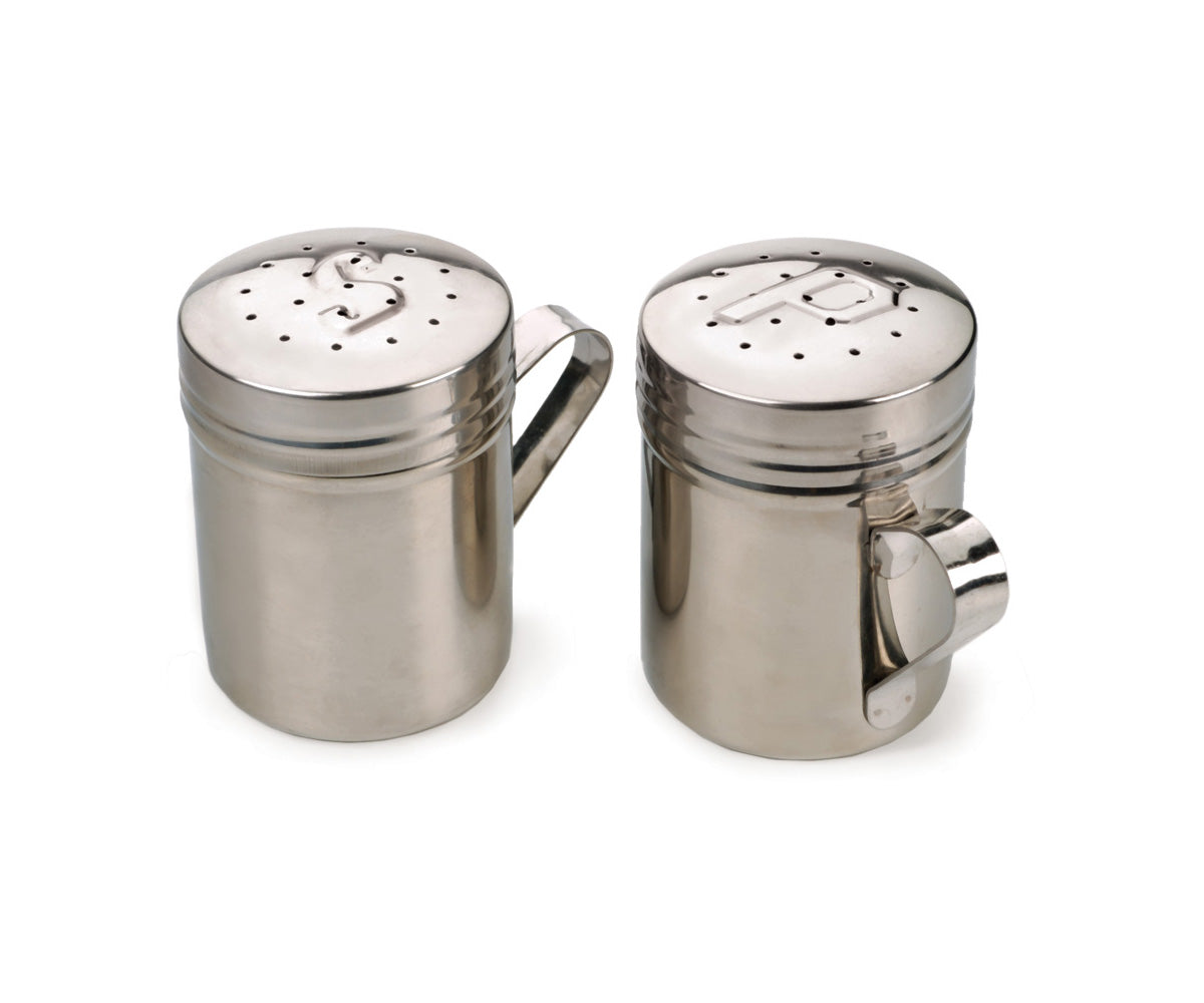stainless steel salt and pepper shakers with an "S" or a "P" on them.