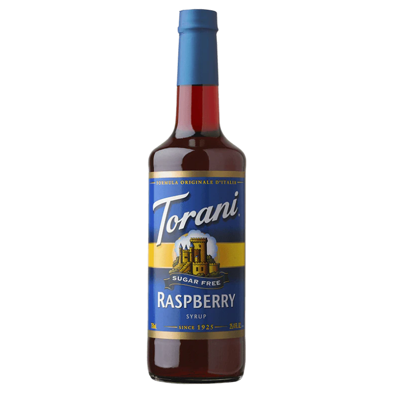 bottle of Torani Sugar Free Raspberry Syrup on white background.