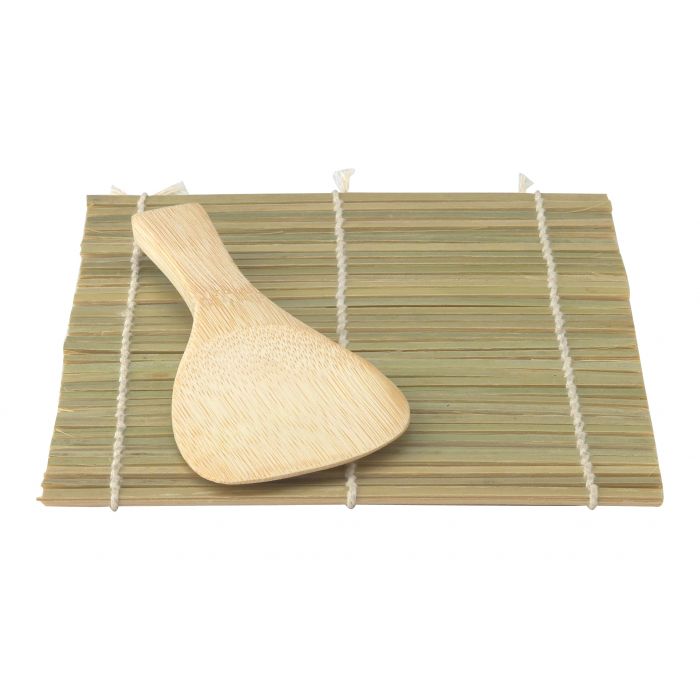 the sushi mat and rice paddle on a white background