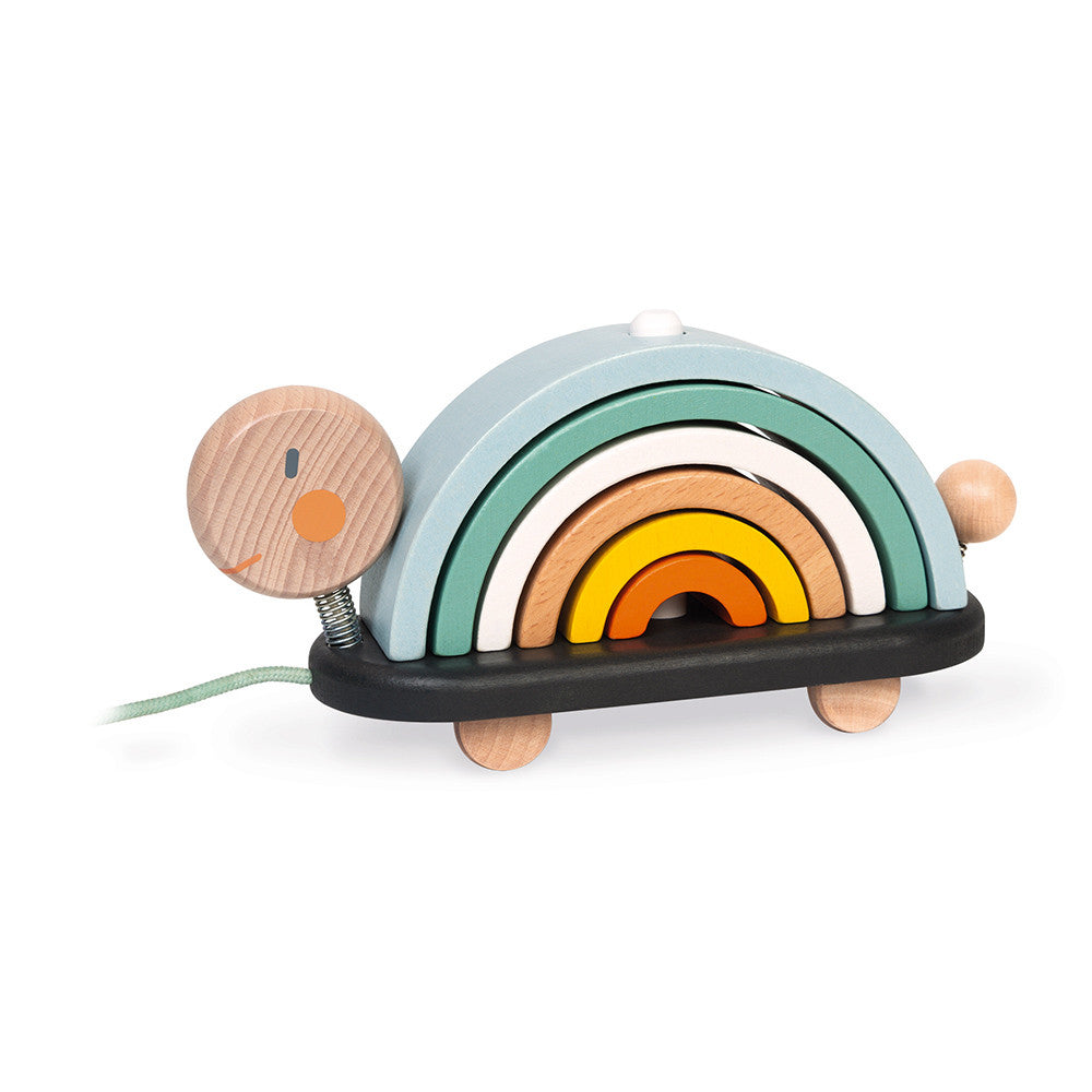 side view of wooden turtle with rainbow shaped wooden pieces cocooned together to form the back of the turtle on a pully string