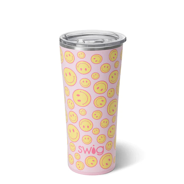 oh happy day pink tumbler with yellow smiley faces all over with lid on a white background