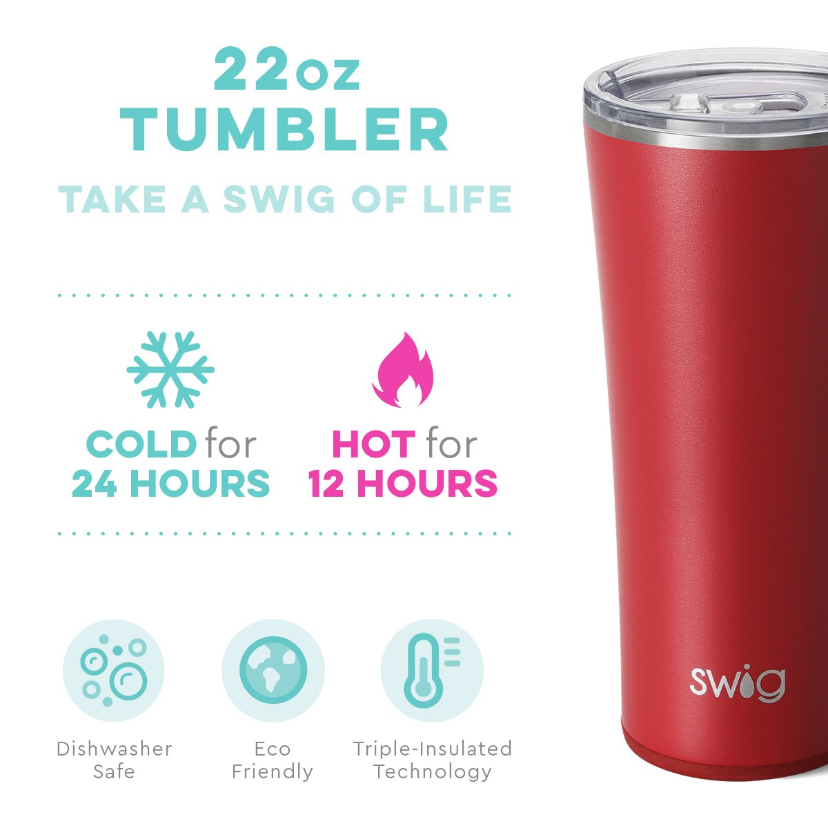 travel tumbler with list of features.