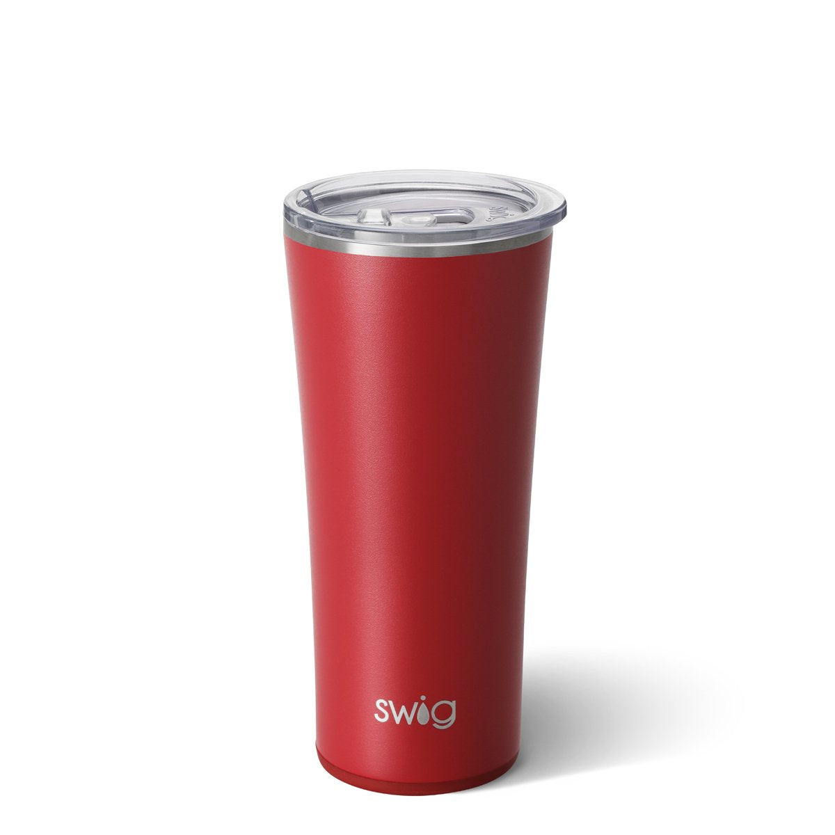 red travel tumbler with "swig" in silver at the bottom. 