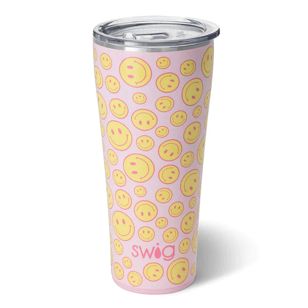 pink insulated tumbler covered with yellow smiley faces.