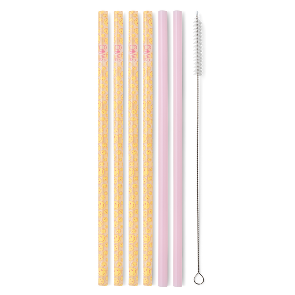 set of 6 straws, 4 clear with yellow smiley faces and 2 solid pink ones, and a straw cleaning brush all in a row on a white background.