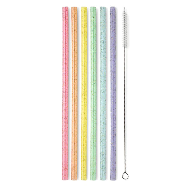 6 glitter straw in assorted rainbow colors and a straw cleaning brush.