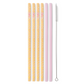 set of 6 straws, 4 clear with yellow smiley faces and 2 solid pink ones, and a straw cleaning brush all in a row on a white background.