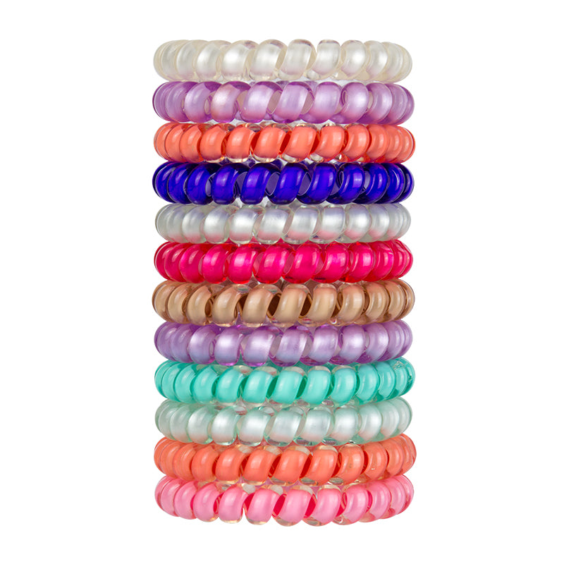 multiple bright color swirlydo hair ties stacked against a white background