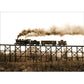 front of card is a photograph of an old train going over a wooden rail bridge