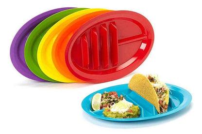 six different colored taco plates and one with food displayed on a white background