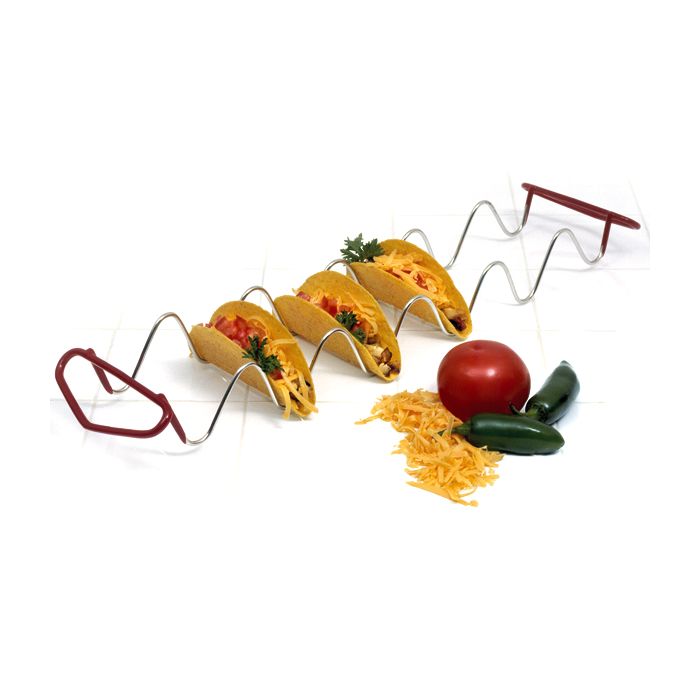 wire rack with red handles holding tacos.