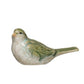 green and white ceramic bird with tail down on a white background.