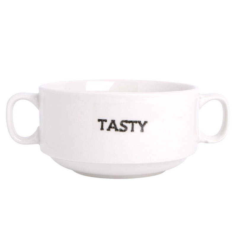 white double handled soup mug with text "tasty" in black lettering
