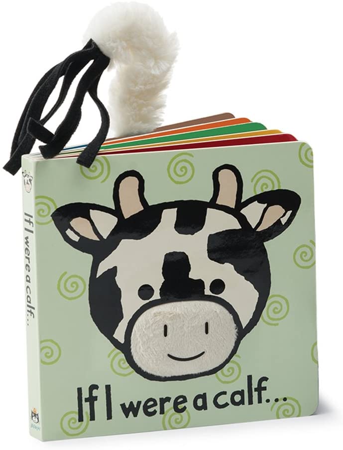 front cover of book is green with dark green swirls with illustration of a cow, soft cow tail, title, displayed on a white background