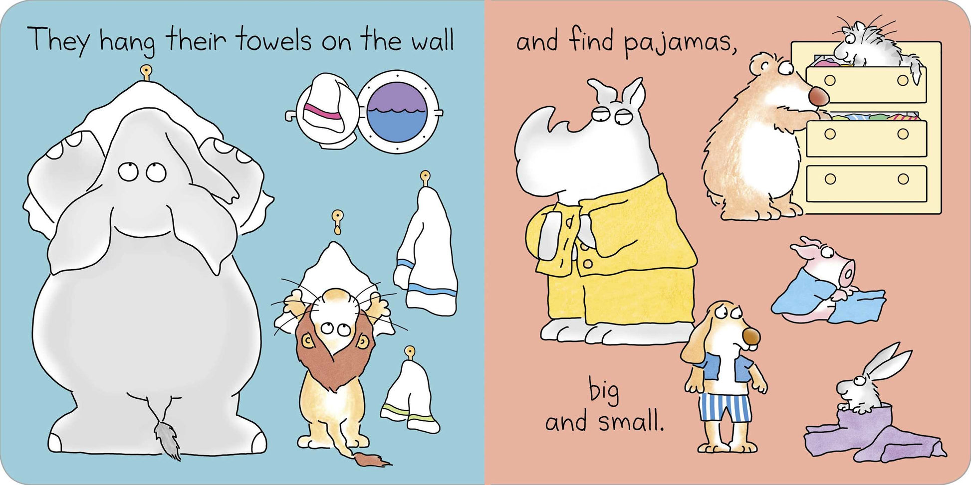 inside pages have illustrations of lots of animals getting ready for bed by hanging cloths, putting on pajamas, along with text