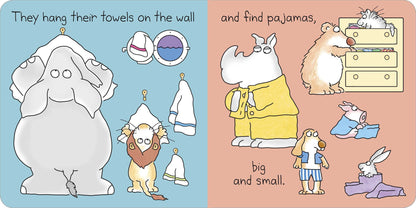 inside pages have illustrations of lots of animals getting ready for bed by hanging cloths, putting on pajamas, along with text