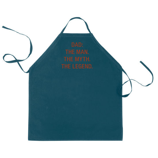 teal apron with text in red "dad: the man, the myth, the legend" against a white background