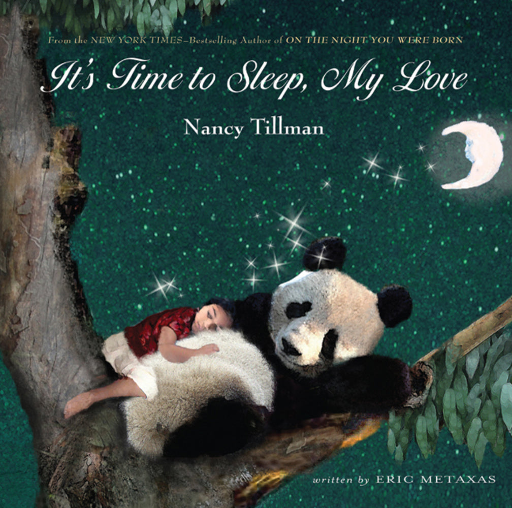 front cover of book has illustration of a girl snuggled up to a panda in a tree under the night sky, title in white, and author's name