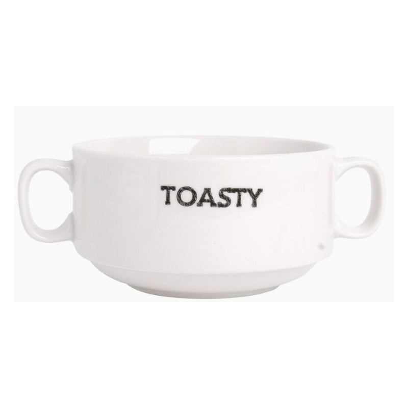 white double handled soup mug with the text "toasty" in black lettering